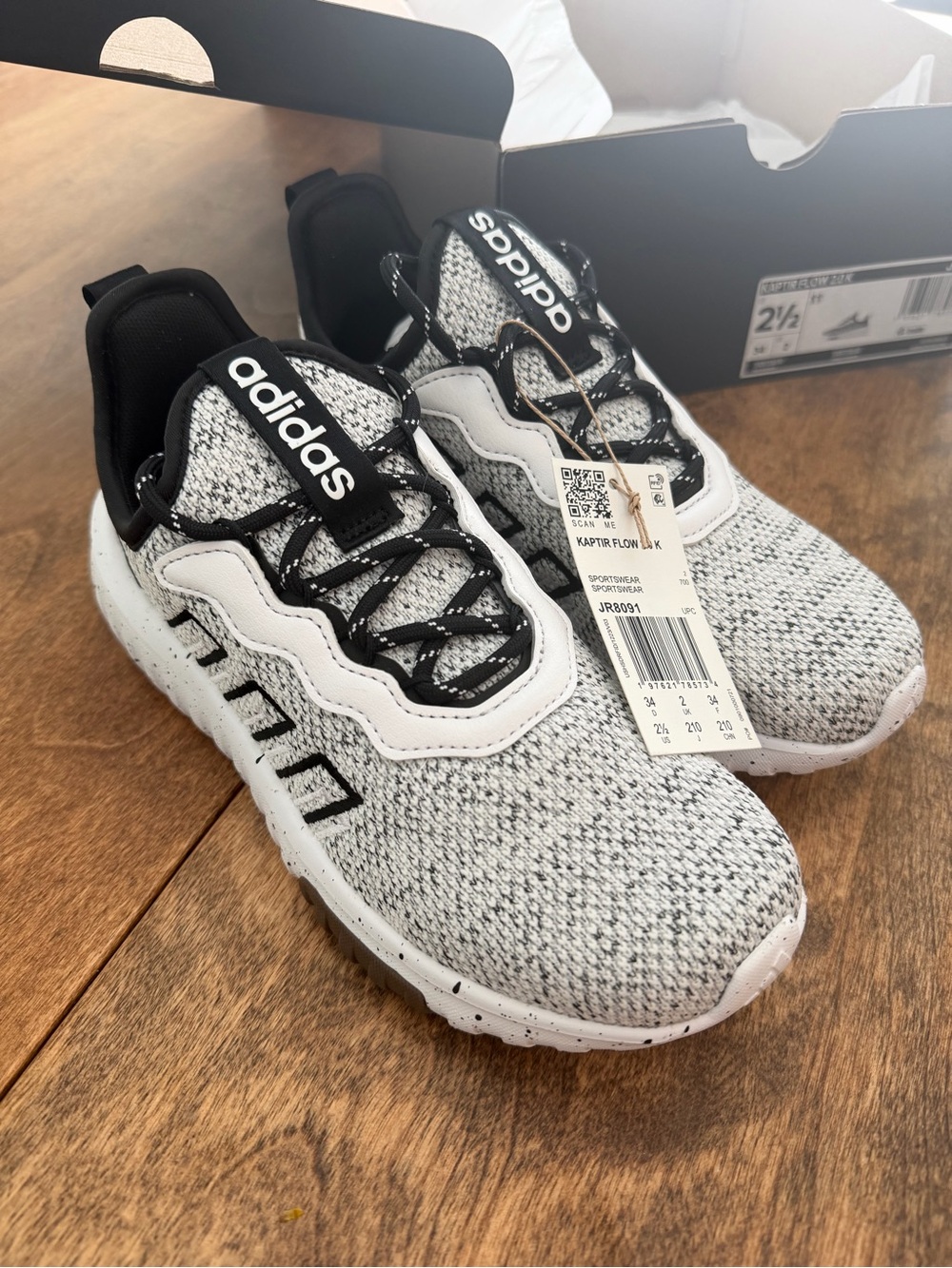 Adidas Kaptir Flow 2.0 K sneakers in white & gray with black stripes, size US 2½